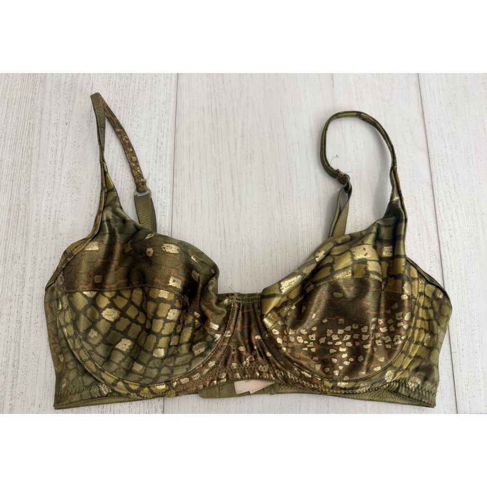 Vintage Victoria's Secret Second‎ Skin Satin Bra 34C Green / Gold - Animal Print